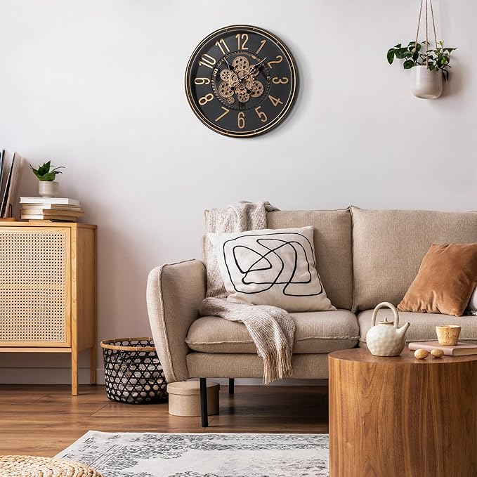 Maxstar Large Moving Gear Wall Clock,20" Vintage Mechanical Battery Operated Industrial Wall Clocks for Farmhouse Living Room,Home Office, Dinning Room, Kitchen, Steampunk Decor-Gold,Arab Numeral