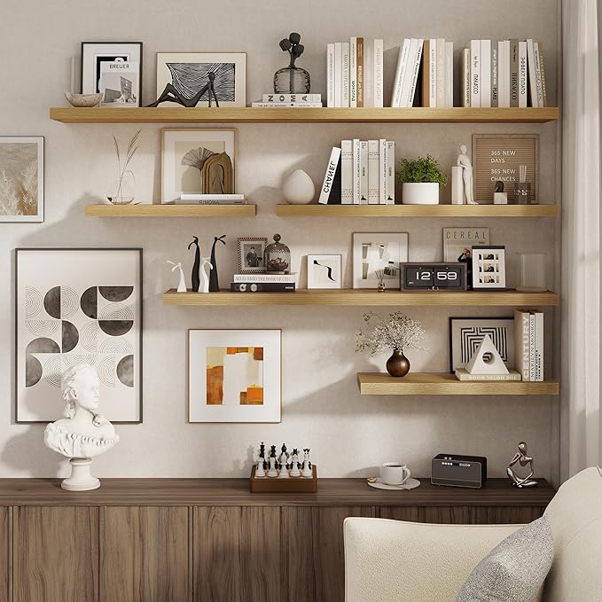 72 Inch Floating Shelves for Wall, 8 Inch Deep Floating Shelf, Large Shelves with Invisible Bracket for Books|Storage, Rustic Wood Wall Shelf for Bedroom, Kitchen, Living Room, Oak