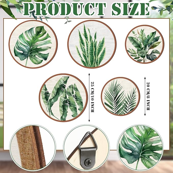 Qunclay 5 Pcs Wall Art Decor Wooden Living Room Wall Decor Bohemian Hanging Farmhouse Geometric 10'' and 8'' Aesthetic Wood Minimalist Posters for Bedroom(Leaves)