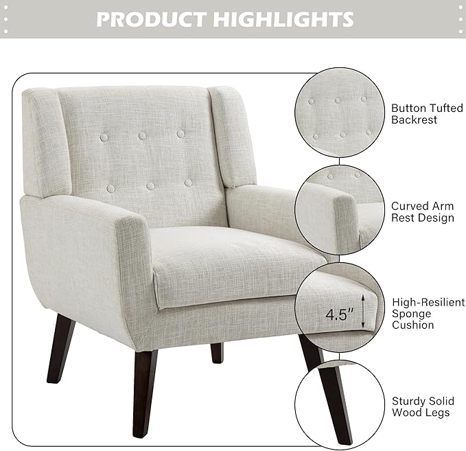 UIXE Accent Chair, Modern Upholstered Armchair in Fabric for Living Room, Comfy Club Arm Chairs Single Sofa Button Tufted Bedroom Reading Seat - Beige, Set of 4