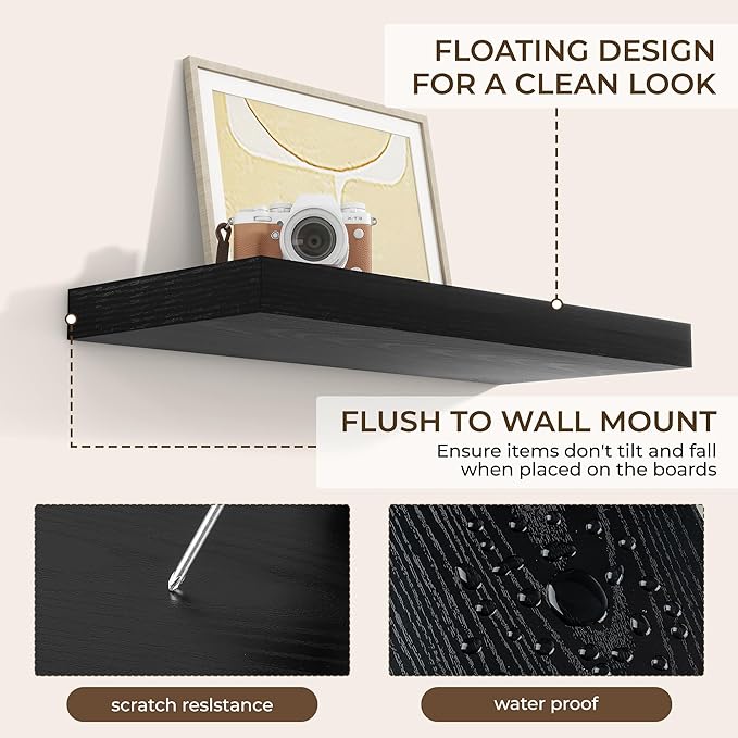 RICHFOCUS 24Inch Floating Shelves for Wall 2 Pack Shelves for Bedroom|Kitchen|Bathroom Wall Mounted Rustic Wood Floating Shelf with Invisible Brackets for Books|Storage|Decor, Black