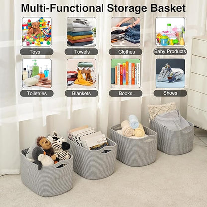 Storage Baskets for Organizing & Shelves, Woven Cotton Rope Organization Bins for Dog Toys, Clothes, Books, Nursery Organizer, 15" Lx11 Wx9.5 H, (4 Packs) Grey