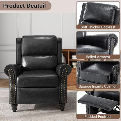UIXE Pushback Recliner Chairs Set of 2, PU Leather Armchair Push Back Accent Chair, Rivet Trim Club Chair Home Theater Overstuffed Single Sofa Reading Seat for Living Room, Black