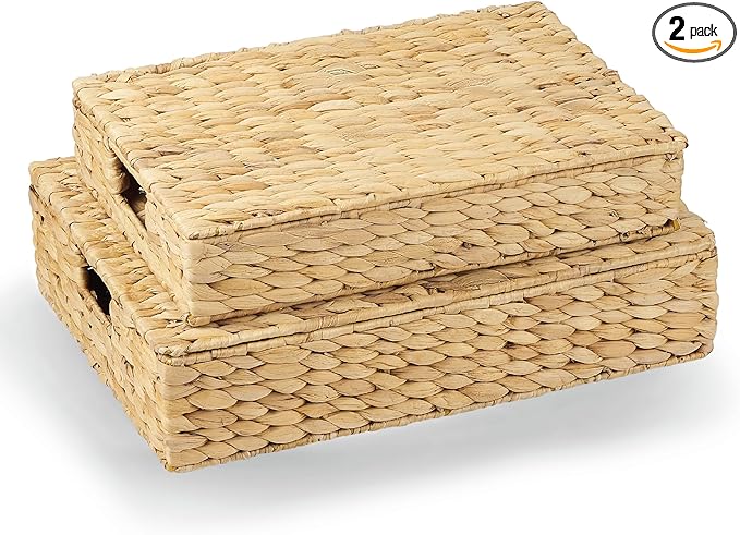 Set of 2 Wicker Baskets with Lid for Organizing - Decorative Storage Boxes With Lids for Home Decor, Shelves - Organic Modern Home Decor - Remote Box - Coffee Table Basket