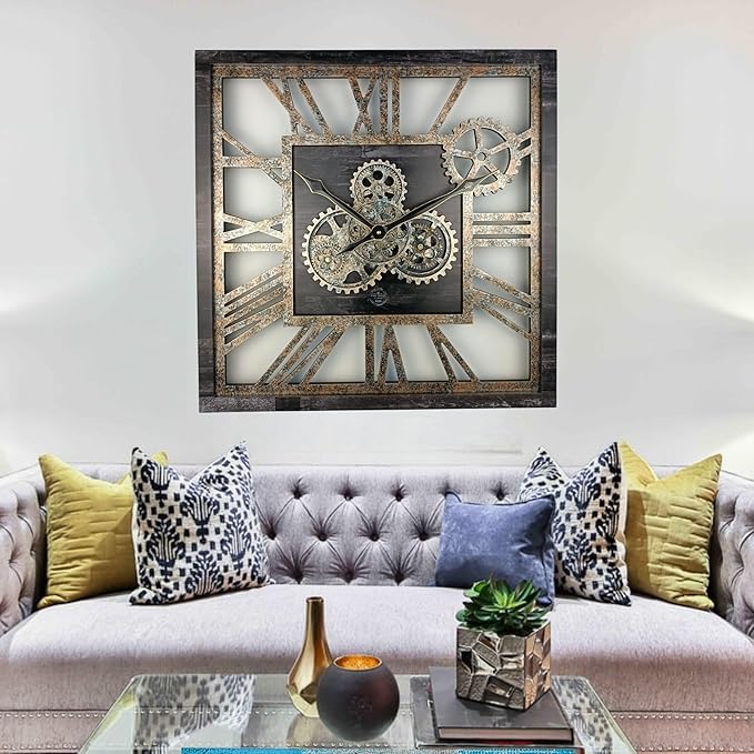 The Gears Clock 24'' Inch Square Real Moving Gear Wall Clock Vintage Industrial Oversized Rustic Farmhouse (Vintage Black)