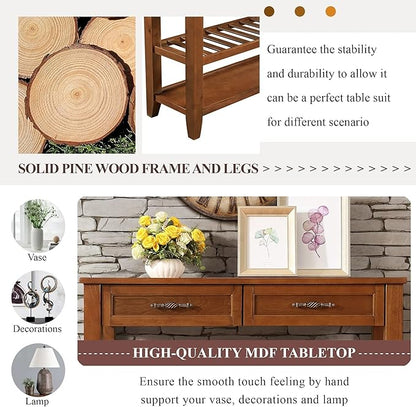Solid Wood Console Table Entryway Table with Storage Drawers and Shelves Sofa Tables (42" Brown)