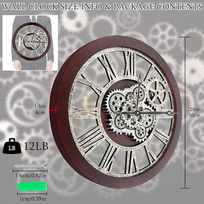 HOIBAI Wall Clock, Clocks for Living Room Decor 20 Inch Big Moving Gears Clock Farmhouse Vintage Rustic Wall Clock Vintage Roman Oversized for Home Bedroom House Kitchen Wall Decor