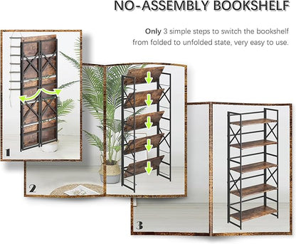 4NM 5 Tiers No Assembly Book Shelves, 51.2" H Folding Bookshelf Bookcase Open Industrial Foldable Shelves for Bedroom, Living Room, Home Office - Rustic Brown Black