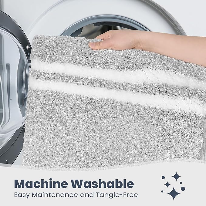 PURRUGS Bathroom Rug Non-Slip Machine Washable 24" x 60", Super Absorbent and Quick Dry Shaggy Microfiber Bath Mat, Extra Soft and Plush Bath Rug for Bathtub, Shower and Sink, Light Grey