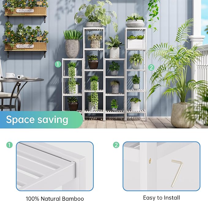 SMIBUY Bathroom Storage Shelf, 5-Tier Bamboo Rack Organizer, Multifunctional Shelving Unit for Living Room Bedroom Kitchen (White)