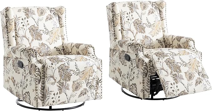 UIXE Swivel Rocker Manual Recliner Chairs Set of 2, Wingback Swivel Glider Fabric Nursery Reclining Sofa Chair, High Back Upholstered Arm Chair for Living Room Bedroom - Beige Plants