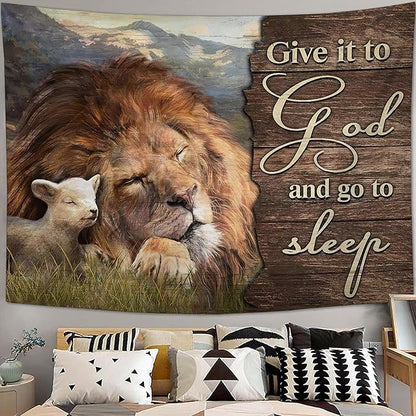 yowecso Lion and Lamb Tapestry Give It To God And Go To Sleep Tapestry Wall Hanging for Bedroom Christian Religious Tapestries Aesthetic Wall Decor for Home Dorm Living Room 50"x60"