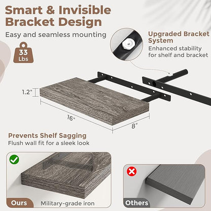 16 Inch Floating Shelves for Wall Set of 2, 8"D Wood Grain Bathroom Shelves with Invisible Brackets, Easy Install Engineered Wood Storage Shelves for Kitchen, Living Room, Bedroom, Grey Oak Finish