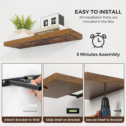 24 inch Floating Shelves Long Floating Shelves for Wall Large Wall Mounted Shelves with Invisible Brackets, Brown Shelves for Bathroom, Living Room, Kitchen, Office, 24x6.7 inch deep Set of 2