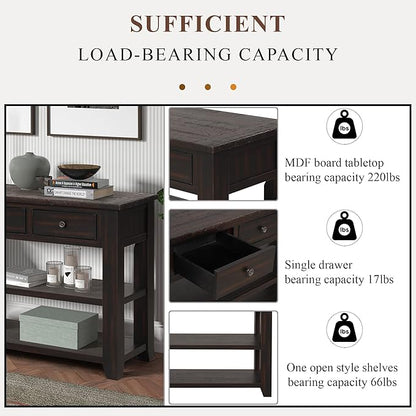 Solid Wood Console Table,Sofa Table with Storage Drawers and Bottom Shelf,Entryway Table for Entry Hallway Foyer,Fully Assembled (48.8" Distressed Black)
