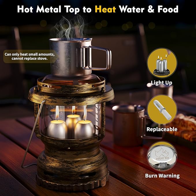 3-Wick Emergency Candle Lantern for Power Outages [18H+ Burning Time] Vintage Decorative Candle Lantern for Real Candles, Outdoor Portable Camping Survival Lighting [7.1"*5.7" - Vintage Brass]