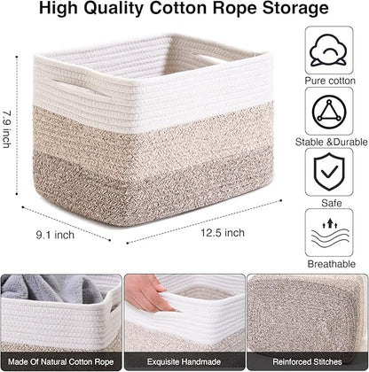 Shelf Baskets for Organizing, Storage Baskets for Shelves, Woven Baskets for Storage, Cotton Rope Baskets with Handles for Toy, Book, Clothes, 12.5"Lx9.1W"x7.9H", (4 Packs) Gradient Brown