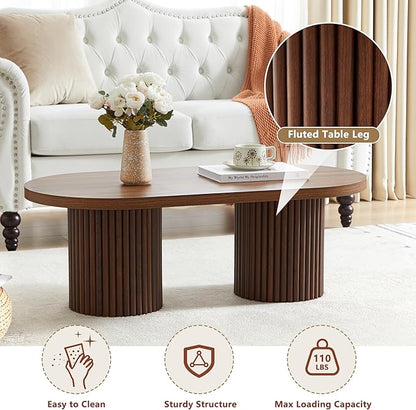 Oval Fluted Coffee Table, Farmhouse Wood Coffee Table Mid Century Modern Center Table Boho Living Room Tables for Living Room Office (Walnut, 19.69" D x 39.38" W x 13.78" H)