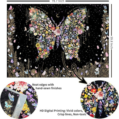 Damanse Butterfly Tapestry Wall Hanging Cute,Boho Wall Tapestry for Bedroom Aesthetic,Flower Living Room Decor for Teen Girls (Black, 59.80" x 78.70")
