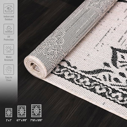 CAMILSON Outdoor Rug, 8x10 Medallion White Black Modern Area Rugs for Indoor and Outdoor Patios, Kitchen and Hallway Mats, Washable Porch Deck Outside Carpet (Medallion White, 8 x 10)