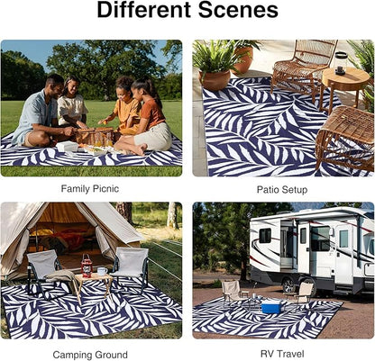 OLANLY Waterproof Outdoor Rug 6x9 ft, Reversible Outdoor Plastic Straw Rug with Leaf Pattern, RV Mat, Indoor Outdoor Carpet for Patio, Camping, Balcony, Deck, Backyard, Navy & White