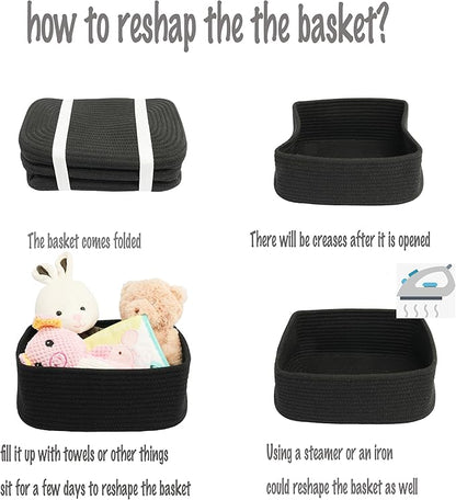 Small Woven Storage Baskets 12“X8”X5“ Decorative Rope Bins for Organizing Shelves, Closets, and Toys, Empty Gift Baskets, Cute Organizer Basket for Home and Office (black, regular)