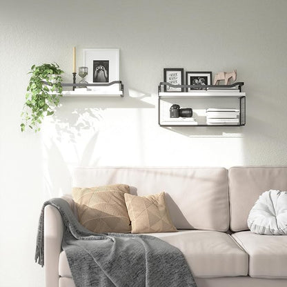 WOPITUES Floating Shelves with Wire Storage Basket, Bathroom Shelves Over Toilet with Protective Metal Guardrail, Wood Wall Shelves for Bathroom Organizers and Storage, Toilet Paper-White