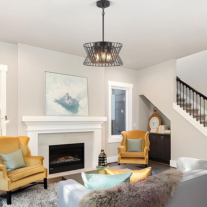 3-Lights Black Pendant Light Vintage Geometric Chandelier Light Fixture Adjustable Metal Lighting Fixtures for Kitchen Room Dining Room Foyer