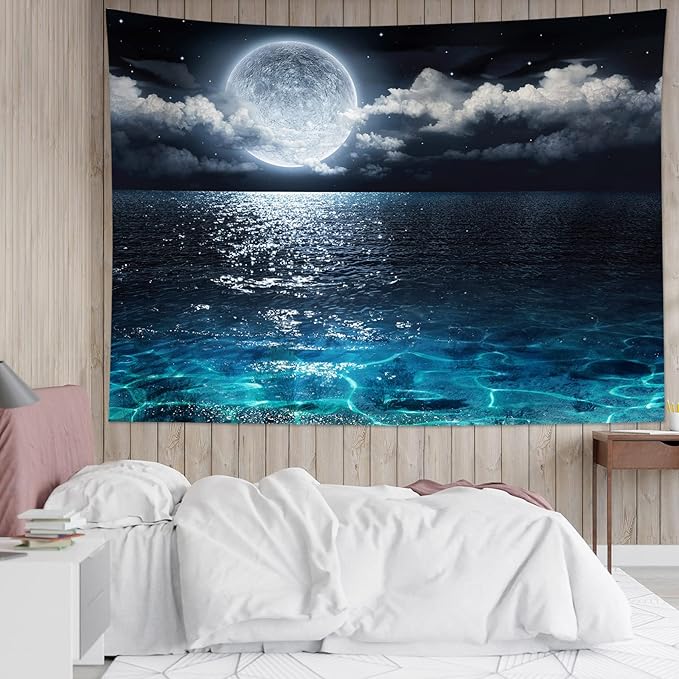 LB Moon Over Ocean Tapestry, Night Sky Tapestry Wall Hanging, 3D Fantasy Psychedelic Watercolor Wall Art for Bedroom Living Room Dorm Home Decor, 60 x 40 Inches
