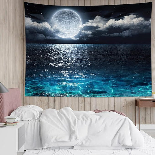 LB Moon Over Ocean Tapestry, Night Sky Tapestry Wall Hanging, 3D Fantasy Psychedelic Watercolor Wall Art for Bedroom Living Room Dorm Home Decor, 60 x 40 Inches