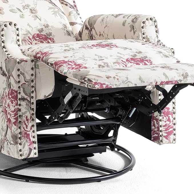 UIXE Swivel Rocker Manual Recliner Chair, Wingback Swivel Glider Fabric Nursery Reclining Sofa Chair, High Back Upholstered Arm Chair for Living Room Bedroom - Beige Floral