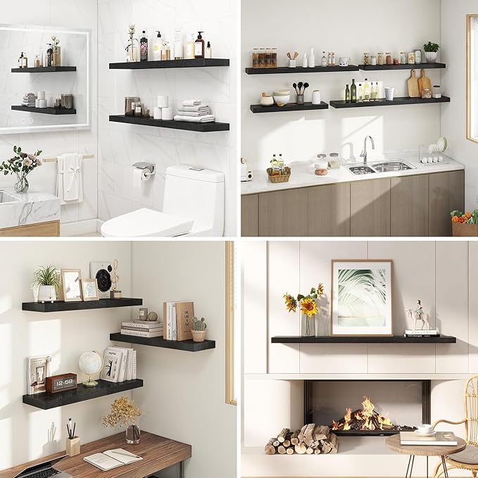 36 Inches Floating Shelves for Wall, 9.3" Deep Long Floating Shelves Set of 2, Large Display & Storage Shelf, Wall Shelf for Bathroom Bedroom Living Room Kitchen Office, Black