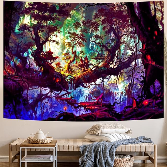 Delur Fantasy Forest Tapestry Mystical Landscape Magical Enchanted Forest Tree Nature Tapestry Psychedelic Wall Hanging Headboard for Bedroom Living Room Home Decor (70.8" x 92.5")