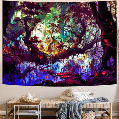Delur Fantasy Forest Tapestry Mystical Landscape Magical Enchanted Forest Tree Nature Tapestry Psychedelic Wall Hanging Headboard for Bedroom Living Room Home Decor (70.8" x 92.5")