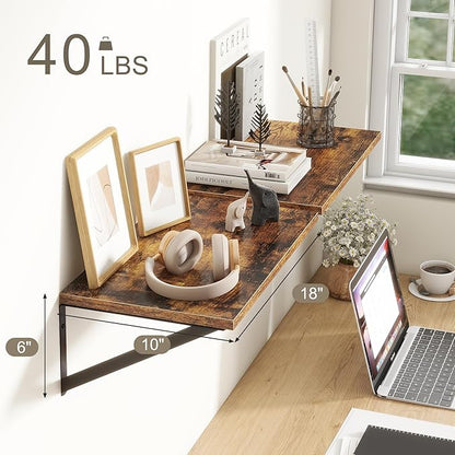 18"W x10"D Floating Shelves, Farmhouse Wall Shelves Home Decor Shelf, Deep Bathroom Shelves with Bracket, 10 Inch Deep Wall Shelf for Living Room, Kitchen, Bedroom, Rustic Brown, Set of 2