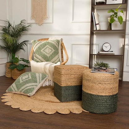 REDEARTH · Cylindrical Pouf Foot Stool Ottoman - Jute Braided Pouffe Poof Accent Sitting Footrest for The Living Room, Bedroom, Nursery, Patio, Lounge - Set of 2 (14.5”x14.5”x16”; Natural Olive)