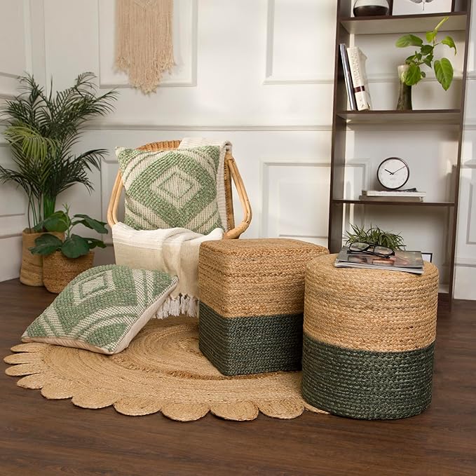 REDEARTH · Cube Pouf Foot Stool Ottoman - Jute Braided Pouffe Poof Accent Sitting Footrest for The Living Room, Bedroom, Nursery, Patio, Lounge - Set of 2 (14.5”x14.5”x16”; Natural Olive)