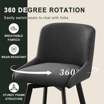 Swivel Counter Height Bar Stools Set of 4, 26''H Upholstered Barstools with Backs, Modern Bar Stool Chairs for Kitchen Island, Metal Legs, Fabric, Black Grey Stools Counter Chair