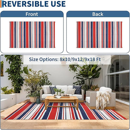 Outdoor Patio Rug 9x12 Stain-Resistant Reversible Camping Mat, Modern Striped Outdoor Plastic Straw Rug, Waterproof Outside Carpet, Easy to Clean for RV, Porch, Deck, Balcony, Red Blue White