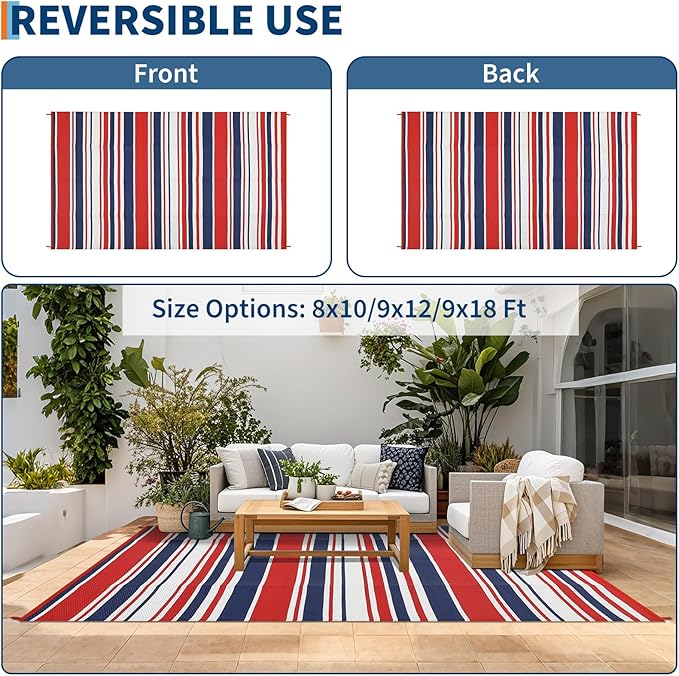 Outdoor Plastic Straw Rug 9x18 Waterproof Outside Rug, Large Modern Striped Reversible Floor Mats, Foldable & Lightweight Camping Carpet for Patio, Porch, Deck, Backyard, Balcony, Red Blue White