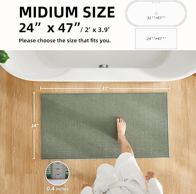 Bathroom Rugs Non Slip Washable, Super Absorbent Thin Bath Mat Quick Dry Low Pile Bathroom Rug, Sage Green 24"x47"