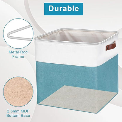 13x13 Cube Storage Bins, Collapsible Fabric Storage Box, 4 Pack Closet Baskets with Handles for Organizing, Shelf, Toys, Clothes, Home, Office, Nursery (Teal&White)