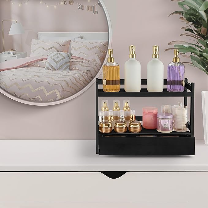 Sorbus Bamboo Bathroom Counter Organizer – 2-Tier Shelf with Hidden Drawer for Vanity, Matcha Station, Bathroom Sink Organizer Countertop, Kitchen & Office Storage (17″ L x 6.5″ W x 12.6″ H) (Black)