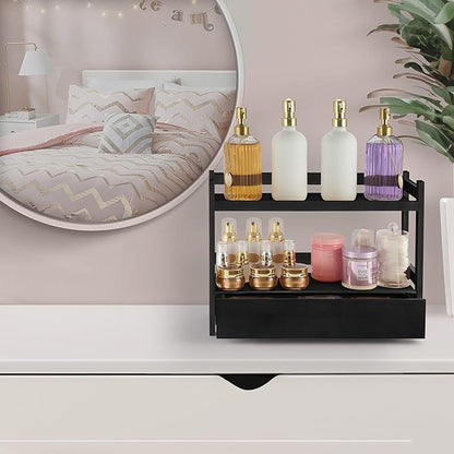 Sorbus Bamboo Bathroom Counter Organizer – 2-Tier Shelf with Hidden Drawer for Vanity, Matcha Station, Bathroom Sink Organizer Countertop, Kitchen & Office Storage (17″ L x 6.5″ W x 12.6″ H) (Black)