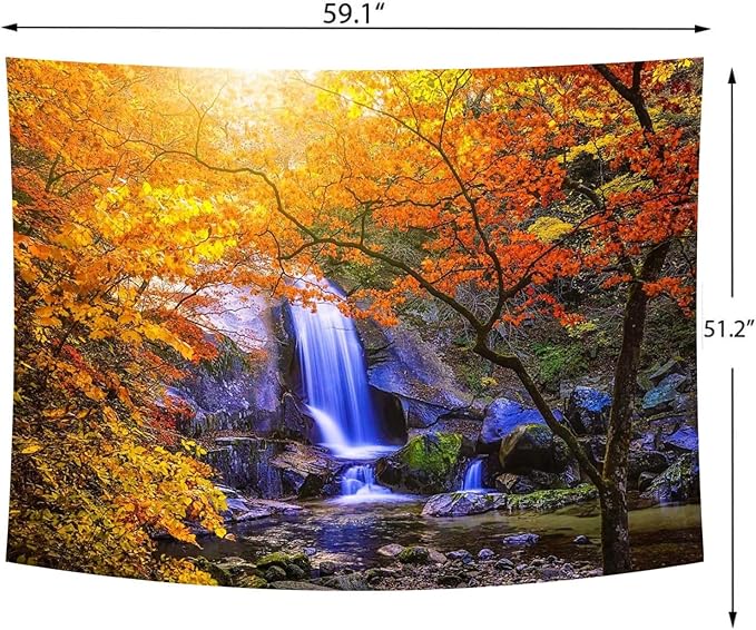 Delur Waterfall Tapestry Forest Nature Scenic Tree Mountain Sunset Tapestry Wall Hanging Natural Landscape Sunrise Headboard for Bedroom Living Room Home Decor (51.2" x 59.1")
