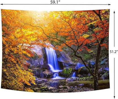 Delur Waterfall Tapestry Forest Nature Scenic Tree Mountain Sunset Tapestry Wall Hanging Natural Landscape Sunrise Headboard for Bedroom Living Room Home Decor (51.2" x 59.1")