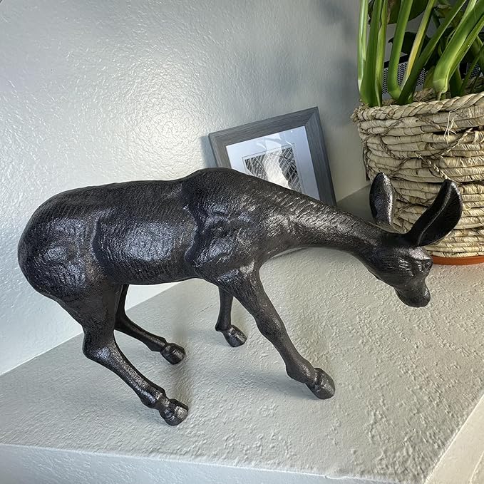 Cast Iron Deer Sculpture（11.4" Tall）, Realistic Lawn Garden Decor Statue, Lifelike Grazing Deer Figure, Outdoor/Indoor Decorative Art, Metal Animal Ornament HC3672