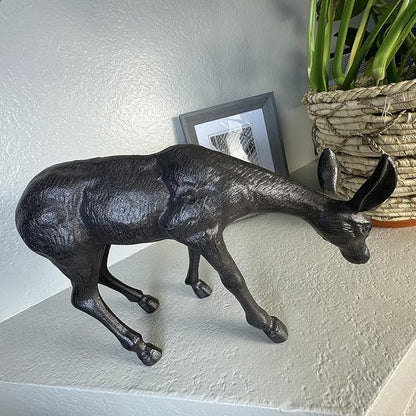 Cast Iron Deer Sculpture（11.4" Tall）, Realistic Lawn Garden Decor Statue, Lifelike Grazing Deer Figure, Outdoor/Indoor Decorative Art, Metal Animal Ornament HC3672