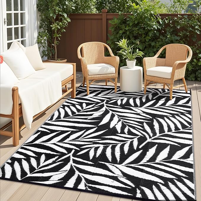 OLANLY Waterproof Outdoor Rug 6x9 ft, Reversible Outdoor Plastic Straw Rug with Leaf Pattern, RV Mat, Indoor Outdoor Carpet for Patio, Camping, Balcony, Deck, Backyard, Black & White