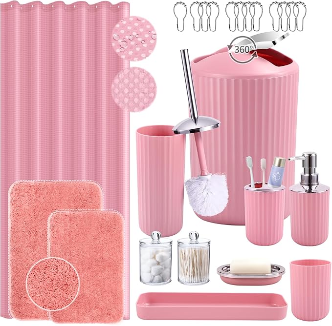 24 PCS Pink Bathroom Accessories Set with Shower Curtain and Rugs, Bathroom Sets with Extra Soft and Absorbent Bath Rugs Shower Curtain Pink Bathroom Sets for Bath